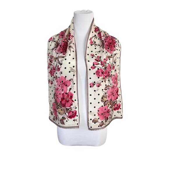 Oscar de la Renta Silk Floral Rectangle Scarf Wrap Cream Pink Roses‎ & Cherry - Picture 2 of 5